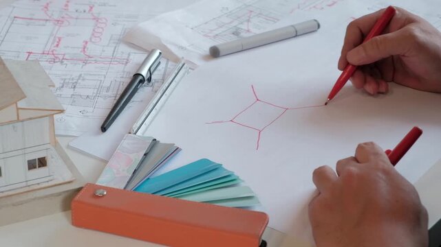 A person draws geometric shapes with a red pen on a white sheet of paper surrounded by.