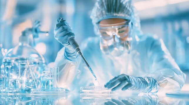 Laboratory state-of-the-art biotechnology research laboratory, scientist in full protective equipment carefully pipetting solution into 96-well plate, bioreactor visible in background, clean 