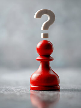 A red pawn chess piece with a floating question mark above it symbolizing uncertainty, decision making, and strategic thinking in a blurred neutral background