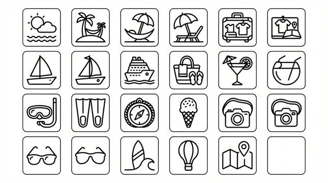 Minimalist summer travel icons, 23 black line vacation symbols, tropical holiday outline graphics for mobile apps and web design