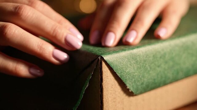 Woman folding green paper around a cardboard box, showing handmade packaging and careful gift wrapping technique from preparation to finished edge