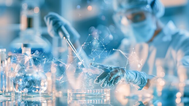 Laboratory state-of-the-art biotechnology research laboratory, scientist in full protective equipment carefully pipetting solution into 96-well plate, bioreactor visible in background, clean 