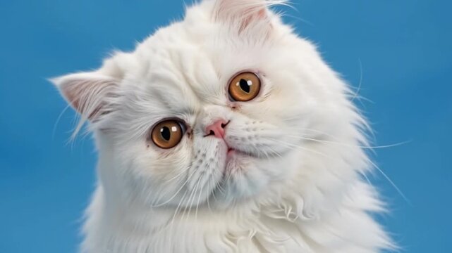 Adorable white fluffy persian cat portrait close up on blue background (70 characters)