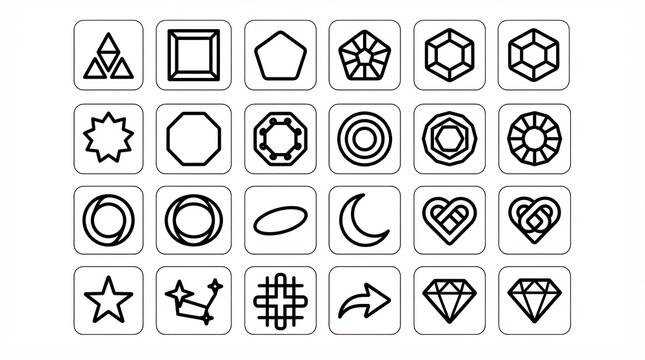 Minimalist geometric icon set, 24 black line symbols on white background, modern abstract shapes and UI elements for web design