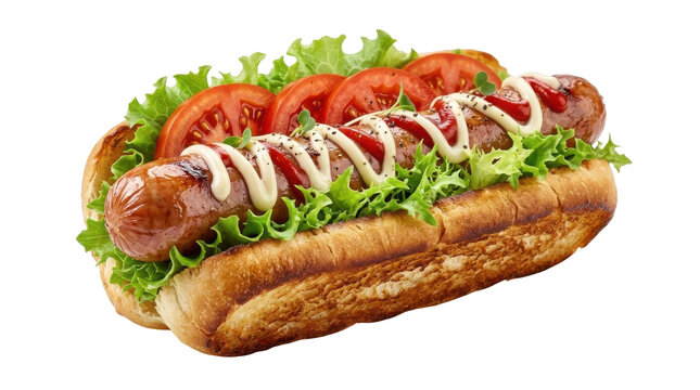 Gourmet grilled hot dog with fresh toppings isolated on transparent background