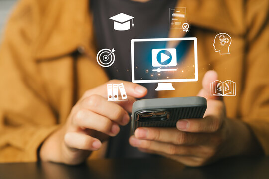 Person Using Smartphone with Educational and Digital Content Icons Overlay