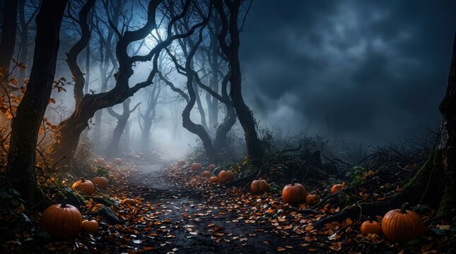 Halloween foggy forest scene with eerie mist and scattered