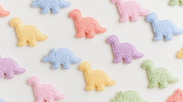 Cute handcrafted pastel colored felt dinosaur toys arranged evenly on plain white background shows handmade craft work and sweet soft nursery decoration for baby and kids