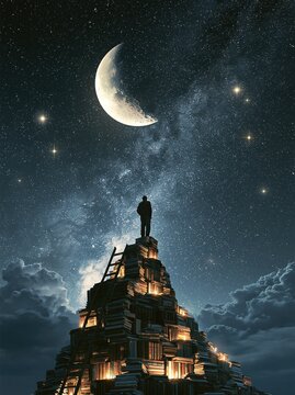 Man standing on top of tall stack of glowing books looking at crescent moon and starry night sky represents knowledge education and dream pursuit concept