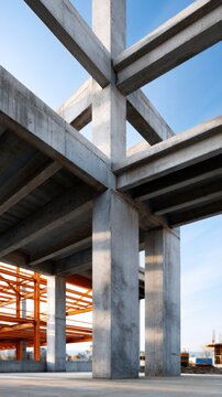 Structural concrete framework of a modern building under construction with intersecting beams and columns against a clear blue sky background