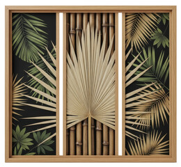 Fototapeta premium Bamboo and dried palm leaf wall decor frame isolated on a transparent background