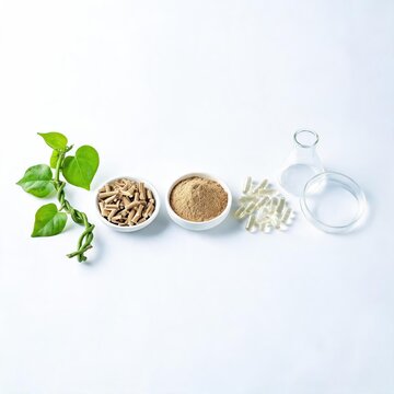 Giloy herbal ingredients with capsules and glassware on white