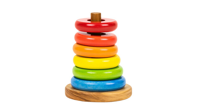 Wooden stacking rings toy with rainbow colors, isolated on transparent background