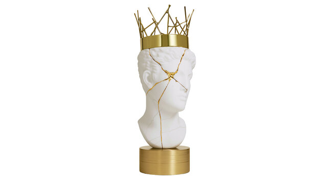 White marble bust with golden crown and kintsugi repairs, isolated on transparent background
