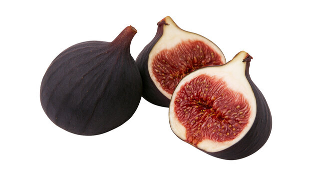 Dark purple ripe figs one whole and one halved, isolated on transparent background