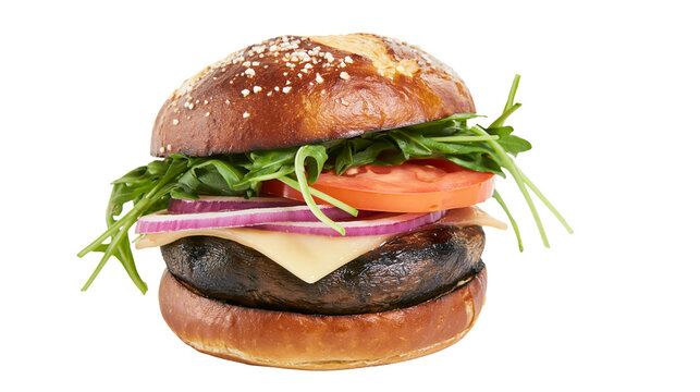 Juicy portobello mushroom burger with melted cheese tomato onion and arugula, isolated on transparent background