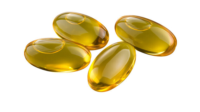 Four translucent yellow oval gel capsules with liquid inside, isolated on transparent background