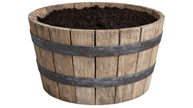 Rustic wooden barrel planter filled with dark soil, isolated on transparent background
