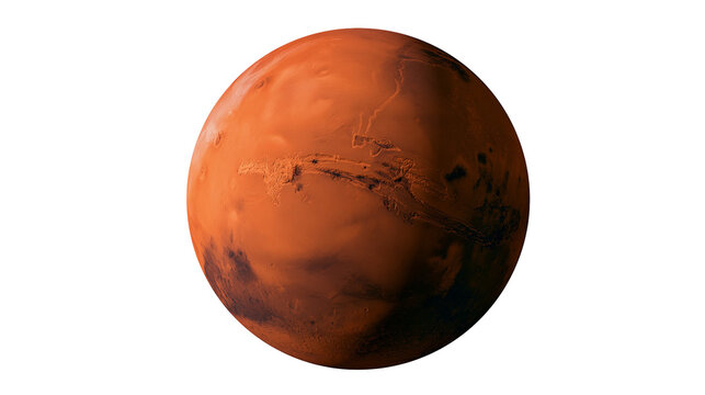 Red planet Mars with visible craters and dark patches, isolated on transparent background