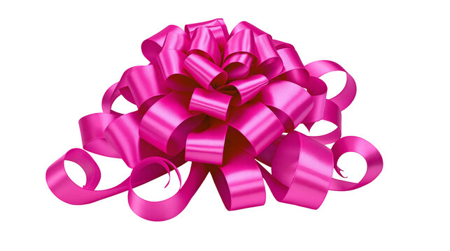 Fluffy pink satin ribbon gift bow, isolated on transparent background