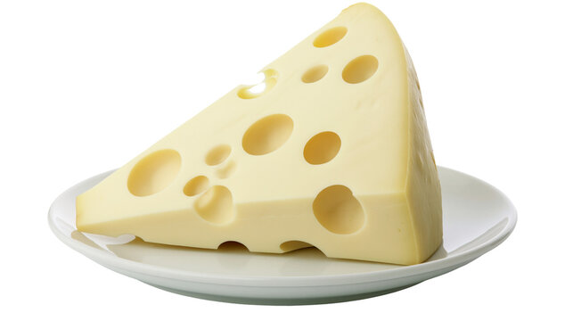 Wedge of Swiss cheese with large holes resting on a white plate, isolated on transparent background