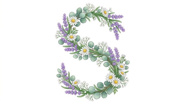 Floral letter S monogram, botanical alphabet character with lavender and daisies, elegant flower typography on white