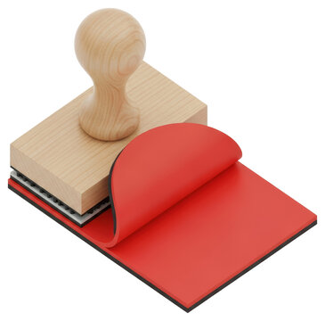 Wooden rubber stamp and red square ink pad isolated on transparent