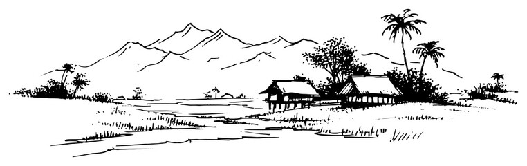 Fototapeta premium Tropical village landscape with mountain peaks and stilt houses ink sketch style