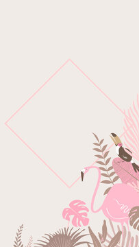 Pastel botanical frame with tropical flamingo and toucans