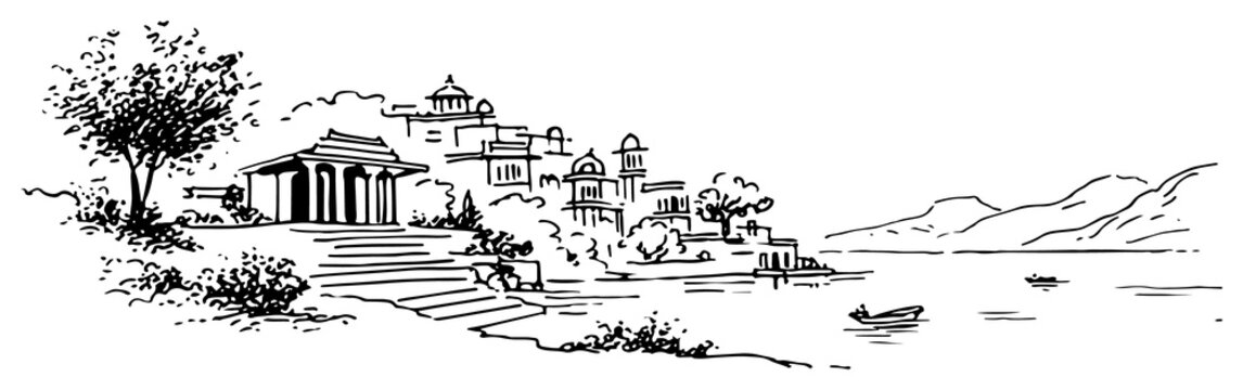 Indian temple ghats on lake shore with mountains in background sketch style