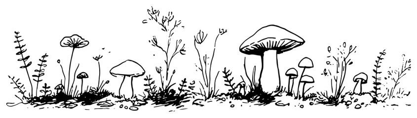 Mushrooms and wild plants growing on the forest floor black and white line art sketch