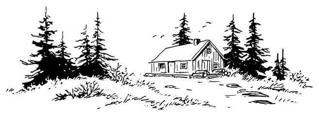Rustic wooden cabin nestled among pine trees in minimalist hand drawn sketch style
