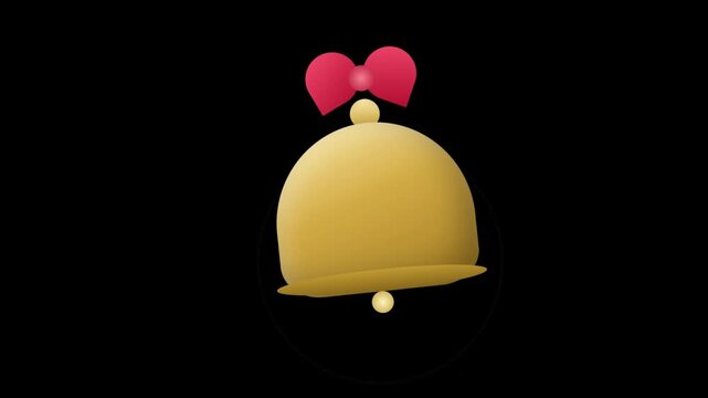 A simple golden bell icon with a red bow isolated on a black background.