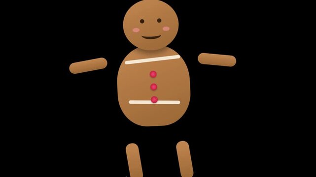 A cute cartoon gingerbread man character isolated on a black background.