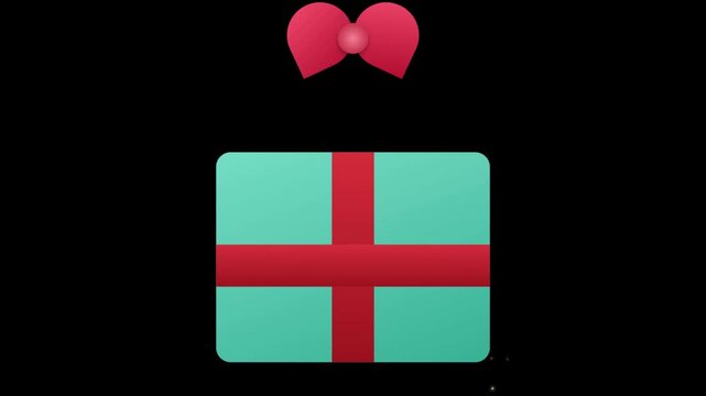 A simple flat icon of a turquoise gift box with a red ribbon and bow isolated on black background.