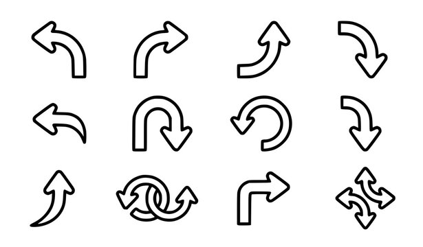 Curved Direction Turn Return and Navigation Arrow Vector Icon Set