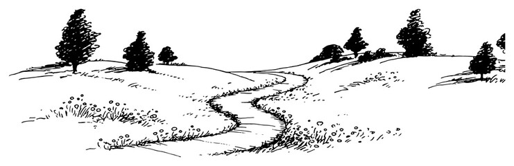 Fototapeta premium Winding path through rolling hills and sparse trees in minimalist hand drawn sketch style
