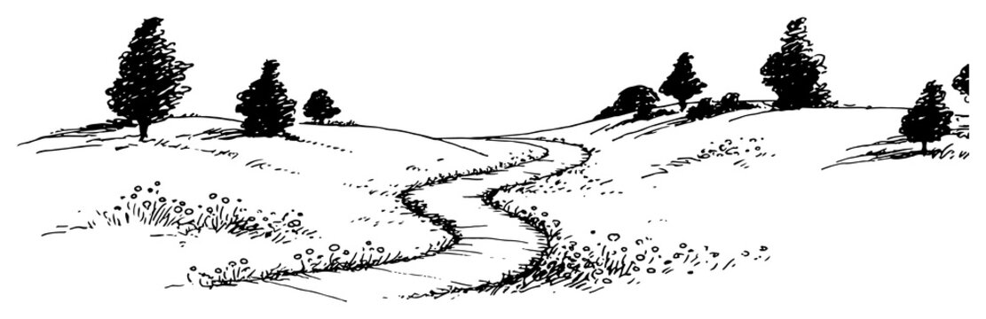 Winding path through rolling hills and sparse trees in minimalist hand drawn sketch style