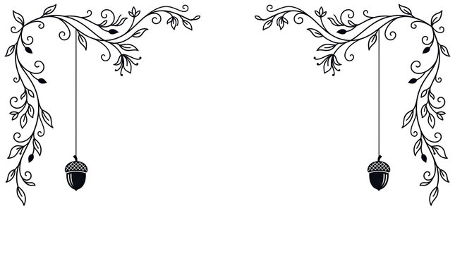 Elegant black vine and acorn decorative border design with hanging acorns for stationery and branding