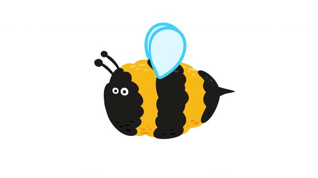 Textured cartoon bee flying loop animation isolated on white background 2D graphic. Motion element with alpha matte channel