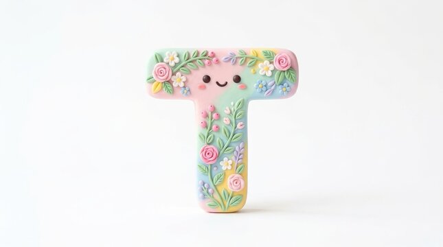 Kawaii pastel letter T with floral clay details, cute character alphabet with 3D flowers, whimsical claymation style typography isolated PNG with Transparent Background