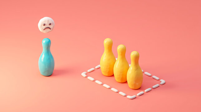 Funny cartoon bowling pin with sad expression failing to knock down targets
