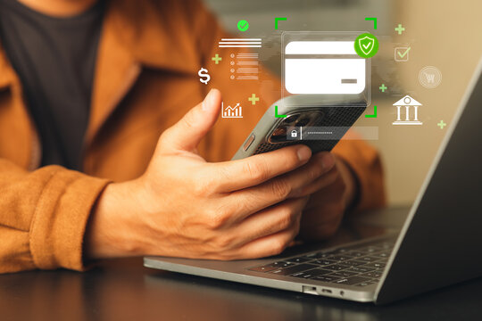 Business Professional Using Smartphone with Digital Security and Financial Icons