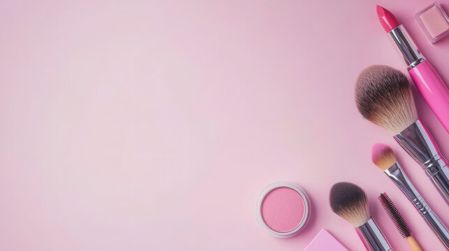 Flat lay beauty composition featuring makeup brushes, blush, and nail polish on pink background, creating vibrant and stylish aesthetic