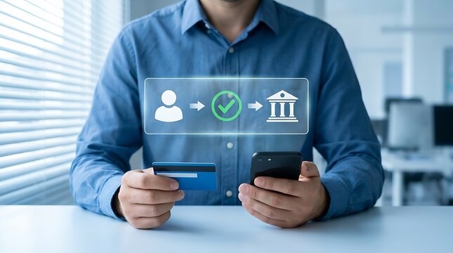 Person holds credit card and smartphone initiating digital banking transaction, illustrated by user confirmation and bank icon graphic.