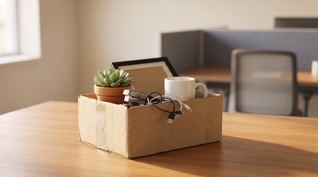 Cardboard box with personal office belongings on a desk after job resignation