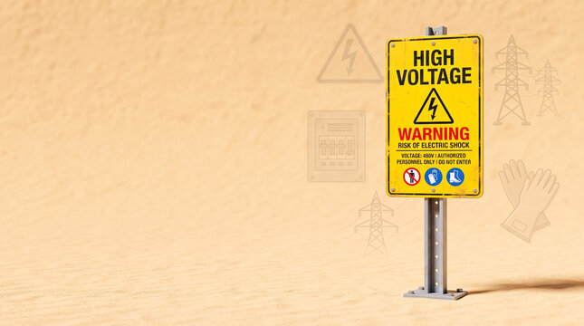 High voltage warning sign indicating risk of electric shock in industrial or construction setting