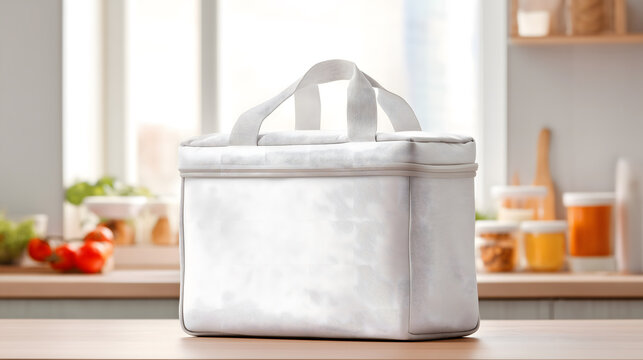 Modern white insulated lunch bag, portable cooler tote for food and drinks, clean kitchen countertop background, practical everyday carry solution for picnics and travel