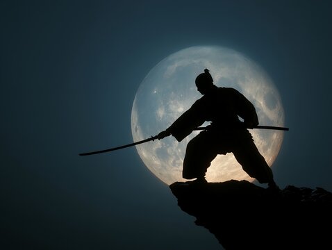 月夜に輝く満月を背に立つ侍のシルエット