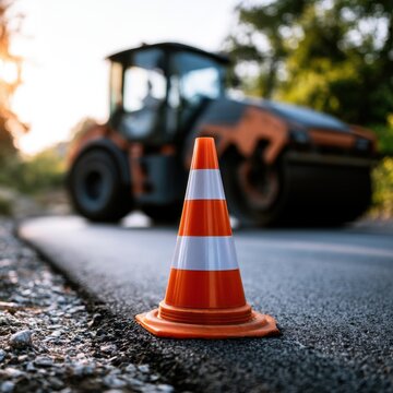 Orange traffic cone marking freshly paved road section with asphalt roller machine working in soft focus background on rural street during daytime